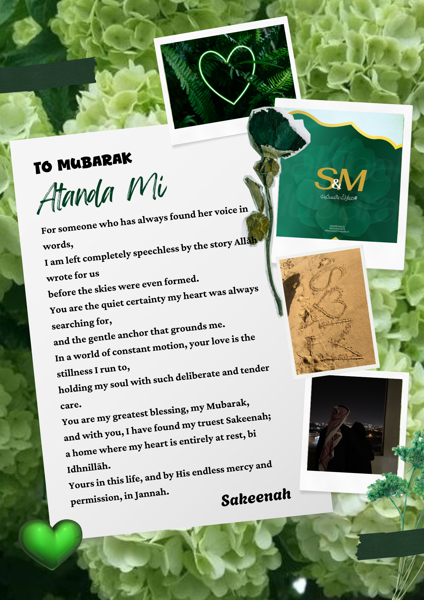 Sakeenah’s toast to Mubarak, laid on green hydrangeas